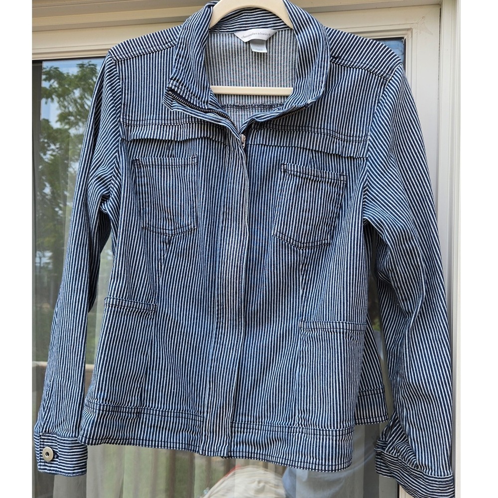 Christopher & Banks Blue White Striped Zip Utility Denim Jacket Womens Large - Picture 1 of 8